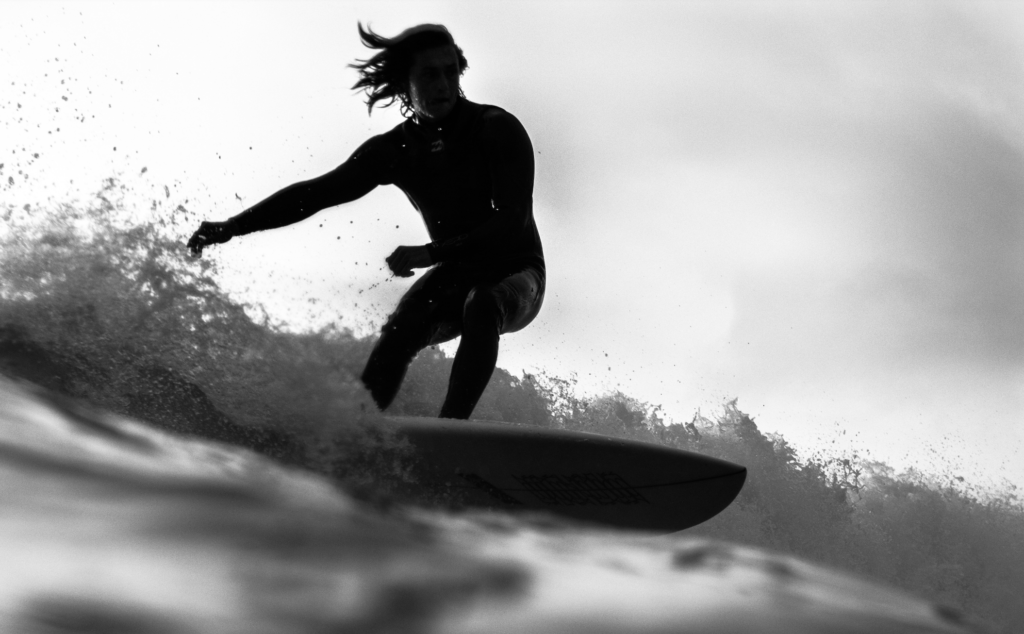 Surfer in black and white