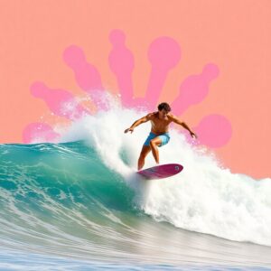 Surfer riding a wave with vibrant colors and energetic style.