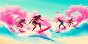 Dynamic surfers riding vibrant waves in tropical colors.