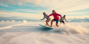 Meteorologists surfing an ice wave on Mount Washington.