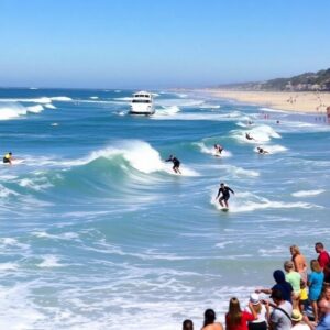 Surfers competing in waves at the SLO CAL Open.