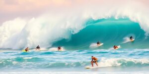 Surfers riding massive waves in vibrant Hawaiian surf culture.