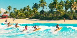 Surfers catching waves at a vibrant surf park.
