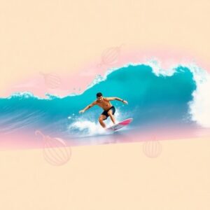 John Mel surfing in vibrant colors, embodying surf culture.