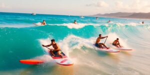Canoe surfers riding vibrant waves at Waikiki.