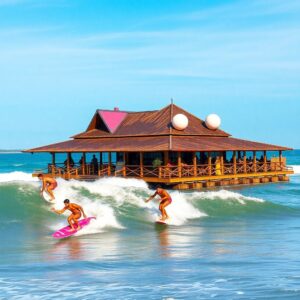 Surfers near a floating restaurant in vibrant Bali waters.