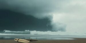 Dramatic ocean waves crashing on the beach, surfboards nearby.