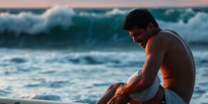 Gabriel Medina injured on a surfboard at sunset.