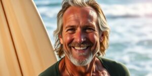 Mike Hynson smiling with surfboard by ocean waves.
