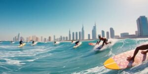 Surfers riding waves with Abu Dhabi skyline in background.