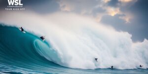 Surfers catching waves at the 2025 WSL Championship Tour.