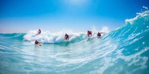 Professional surfers riding waves in Abu Dhabi.