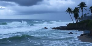 Turbulent ocean waves and stormy skies in the Bay Area.