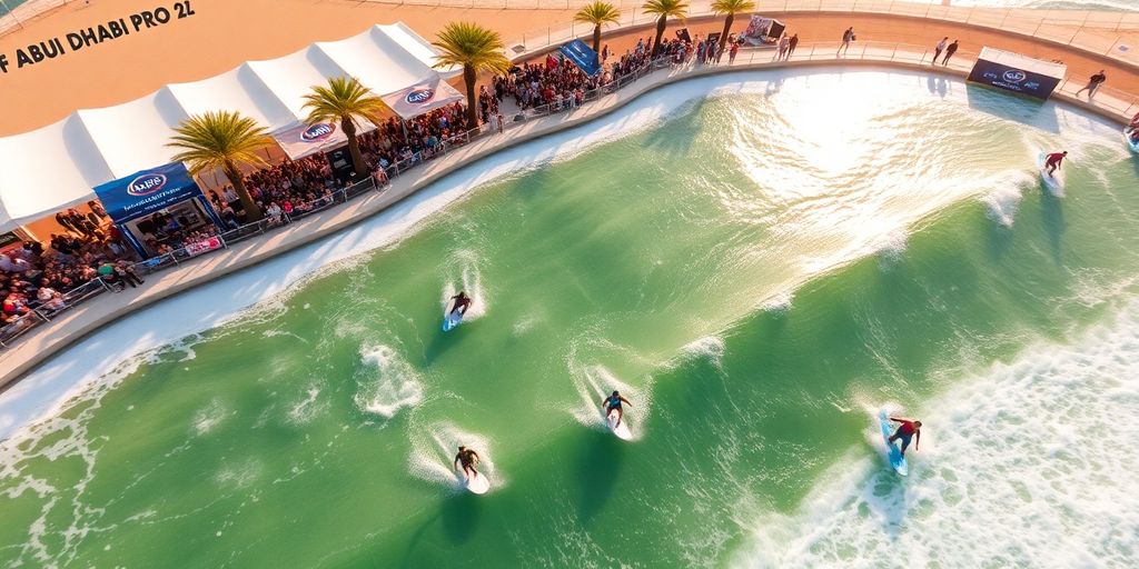 Surfers riding waves in a vibrant wave pool.