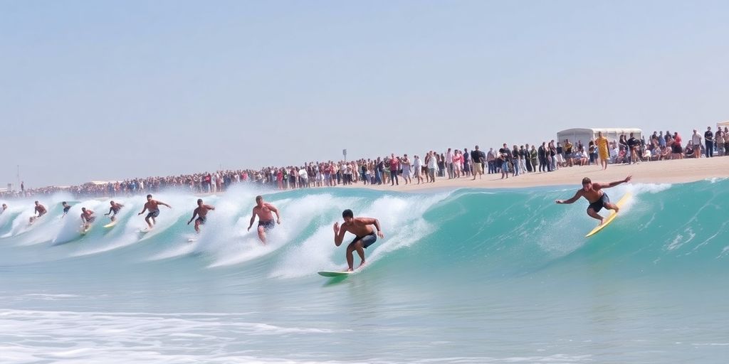 Surfers in action on waves during Abu Dhabi Pro event.