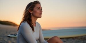Tatiana Weston-Webb on beach, reflecting on mental health.