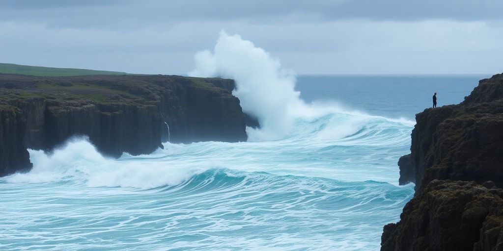 High surf crashing against rocky cliffs during a storm.