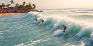 Surfers competing in waves at Surf City El Salvador Pro.
