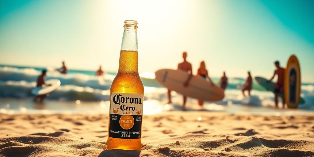Surfers and Corona Cero beer on a sunny beach.
