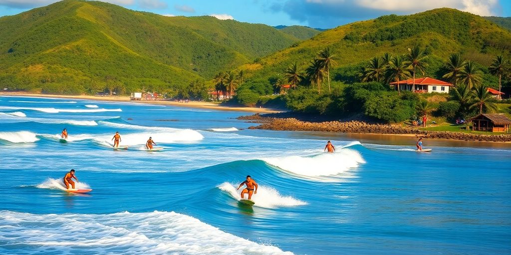 Surfers riding waves in a sunny El Salvador beach.