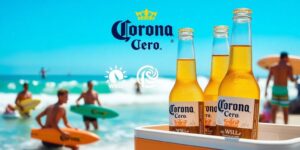Surfers on the beach with no-alcohol beer bottles.