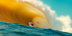 Surfers competing on waves with vibrant ocean colors.
