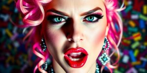 Lady Gaga with fierce expression amidst chaotic colorful background.