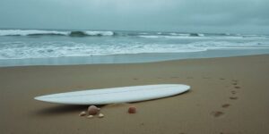 Beach with surfboard and crashing waves in Chile