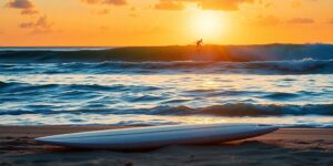 Surfer riding a wave at sunrise on the beach.