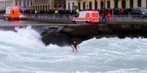 Eisbachwelle surf accident in Munich, emergency responders present.