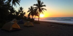 North Shore campsite with tents and ocean waves at sunset.