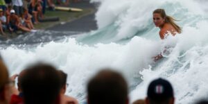 Caity Simmers surfing at Bells Beach during competition.