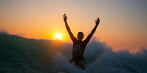 Jordy Smith celebrating victory on a surfboard in waves.