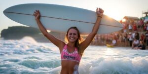 Isabella Nichols celebrating victory at Bells Beach.