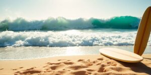 Sustainable surf trunks on a beach with surfboards.