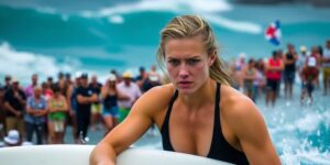 Caity Simmers surfing at Bells Beach amidst controversy.