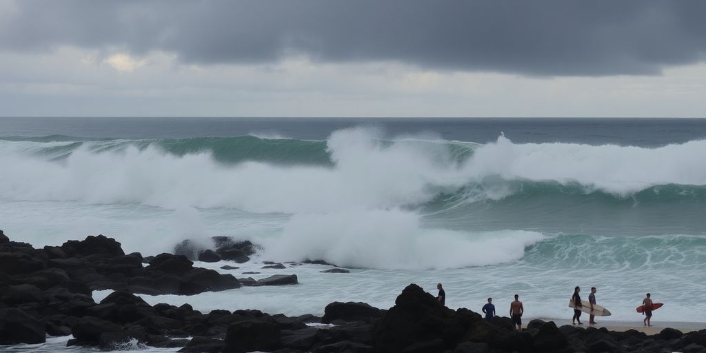 Rough ocean waves against a rocky shore under stormy skies.