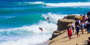 Surfers competing in vibrant waves at Surf City El Salvador.