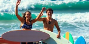 Gabriela Bryan and Jordy Smith celebrating surf competition victories.