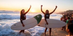 Gabriela Bryan and Jordy Smith celebrate their surf victories.