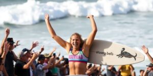 Isabella Nichols celebrating her victory at Bells Beach.
