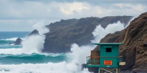 High waves crashing on rocky coastline under stormy sky.