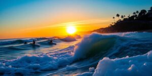 Surfers riding waves at Surf City, El Salvador competition.
