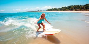 Ivanka Trump surfing in Costa Rica under sunny skies.