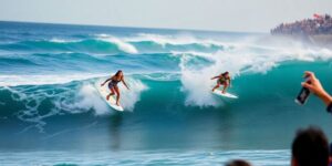 Jordy Smith and Gabriela Bryan surfing at Surf City El Salvador.