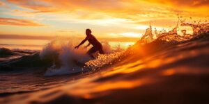 Surf photographer Connor Trimble capturing surfers in vibrant sunset.