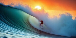 A surfer rides a large wave during sunset.