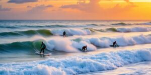 Surfers competing on waves at Punta Roca, El Salvador.