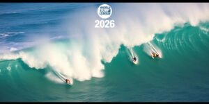 Surfers competing in large waves at a championship event.