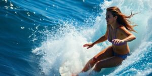 Woman surfing a wave, showcasing women's surfing prowess.